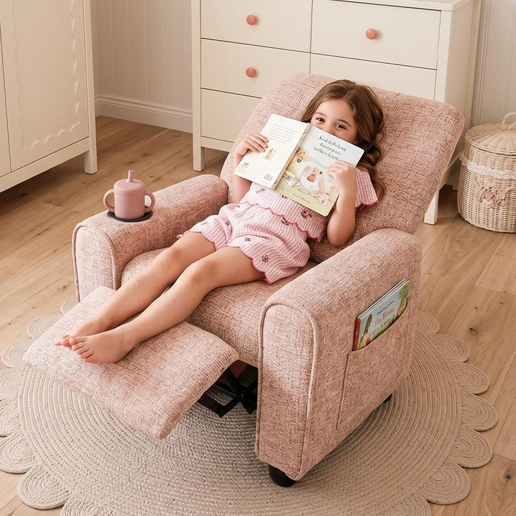 Kids Recliner, Toddler Lounge Chair with Adjustable Backrest Footrest Cup Holder Side Pockets, Velvet Leather Toddler