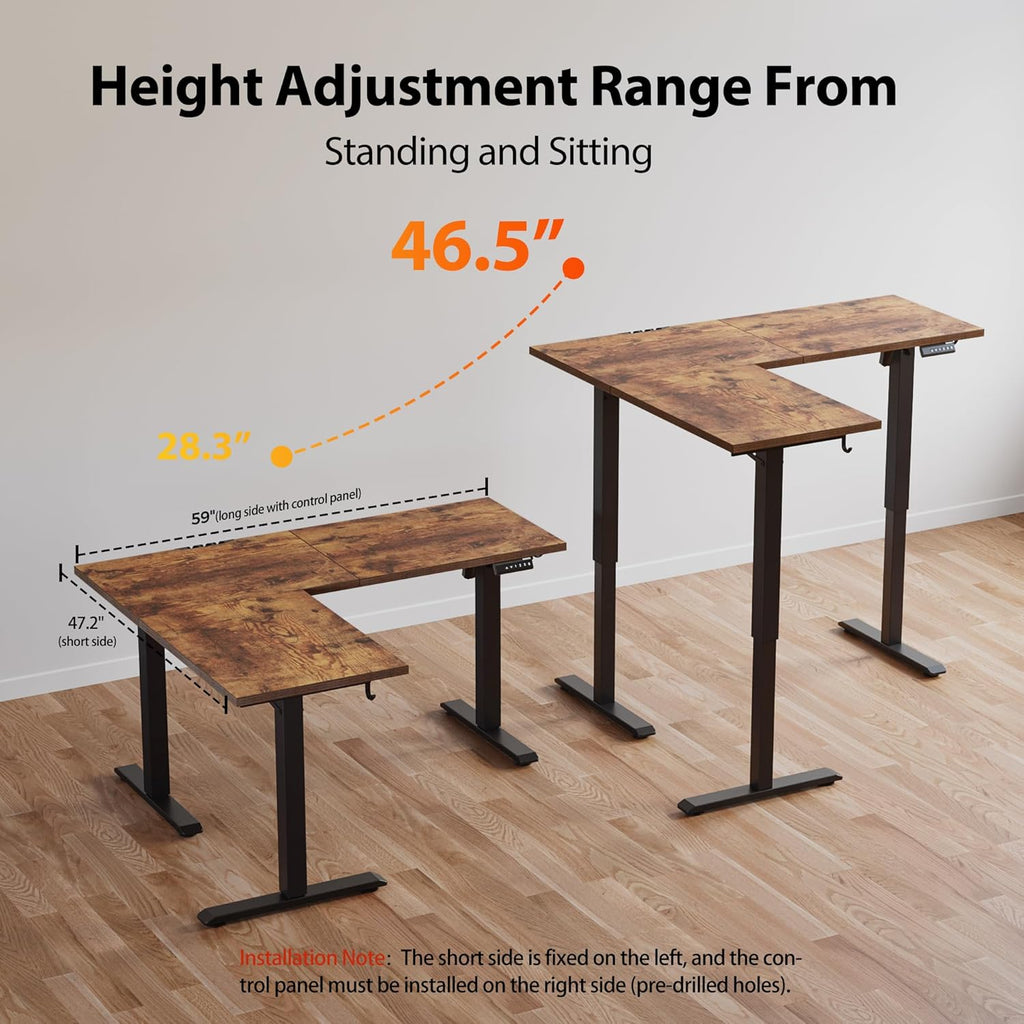 L Shaped Standing Desk Adjustable Height, 59 Inch, Rustic Brown | Electric Height Adjustable, Spacious Corner