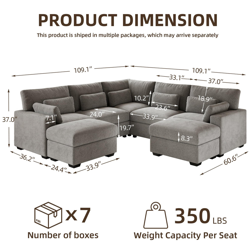109.1'' Modular Sectional Sofa, L Shaped Oversized Extra Deep Couches, 5-Seat Chenille Couch with Wooden Legs