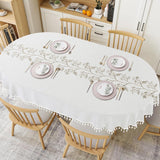 Solid Embroidery Oval Tablecloth with Tassels for Oval Table, 52 x 70 Inch Lace Dust-Proof Table Cov
