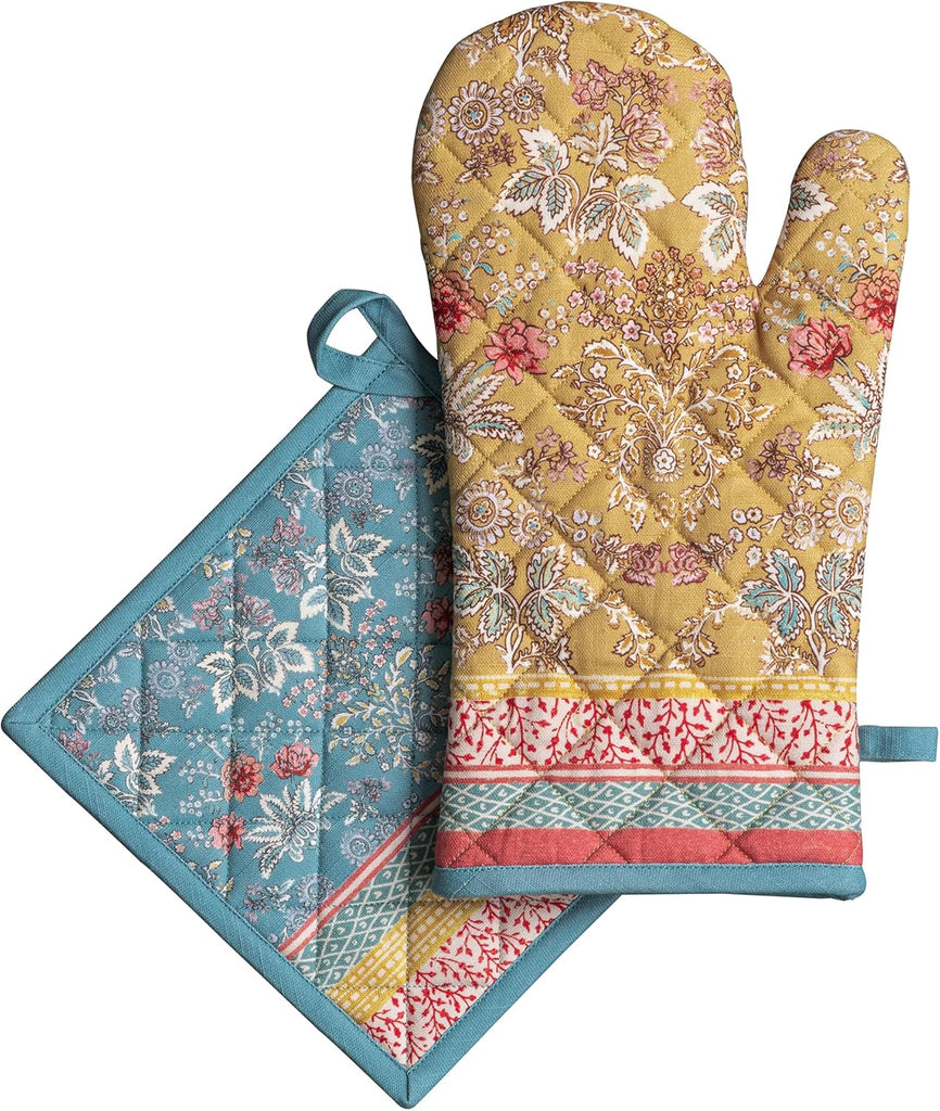 100% Cotton Oven Mitt & Pot Holder Set (7.5"x13" & 8"x8") | Heat Resistant BBQ Cooking Gloves with Loop Baking
