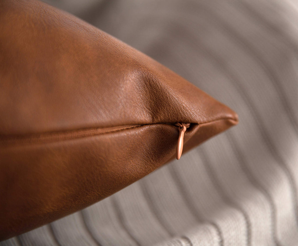 Faux Leather Throw Pillow Covers, 18 x 18 inch Set of 2 Thick Cognac Brown Modern Solid Decorative Square Bedroom