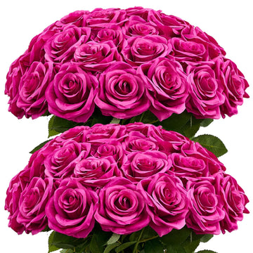 50pcs Magenta Roses Artificial Flowers Bulk Fake Roses Silk Flower with Stems Realistic Flowers for Wedding