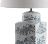 24.5" Blue/White Chinoiserie Ceramic Table Lamp, Traditional Square Ginger Jar Mountain Toile Lamp Bedroom