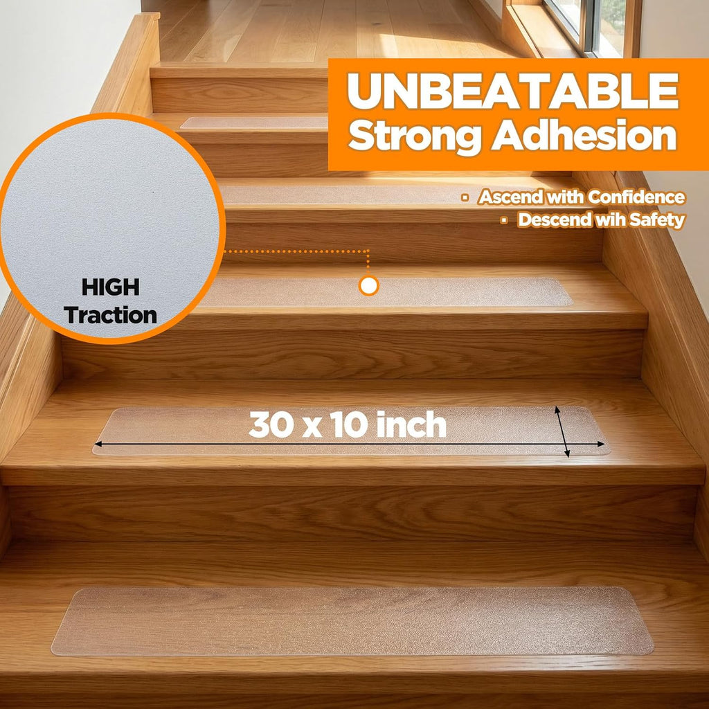 30" x 10" Clear Stair Treads 10 Pack Non-Slip Waterproof Self Adhesive Stair Treads Strips for Wooden Steps, Pre Cut