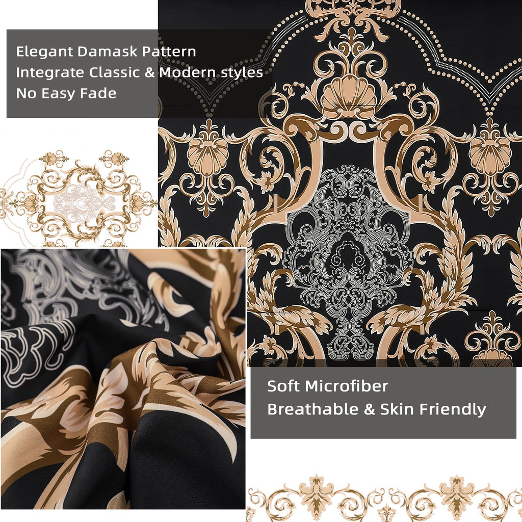 Black Comforter Set King Size, 7 Pieces Gold Damask Bed in a Bag