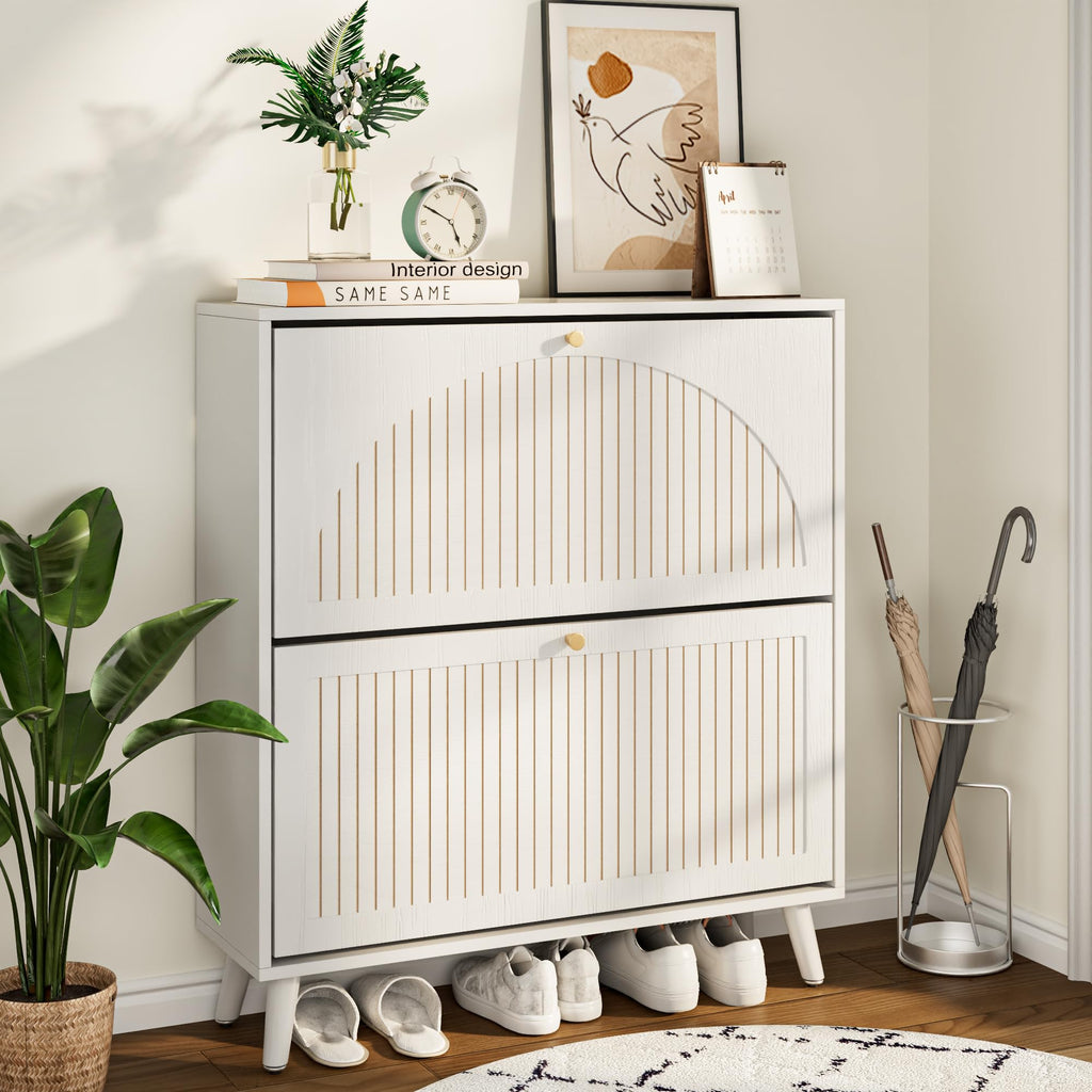 Shoe Storage Cabinet with 2 Fluted Flip Drawers, White