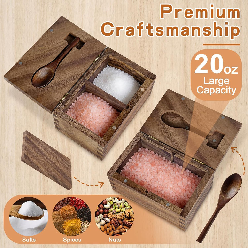 Salt Cellar with Lid & Spoon, Acacia Wood Salt Container, Salt Holder