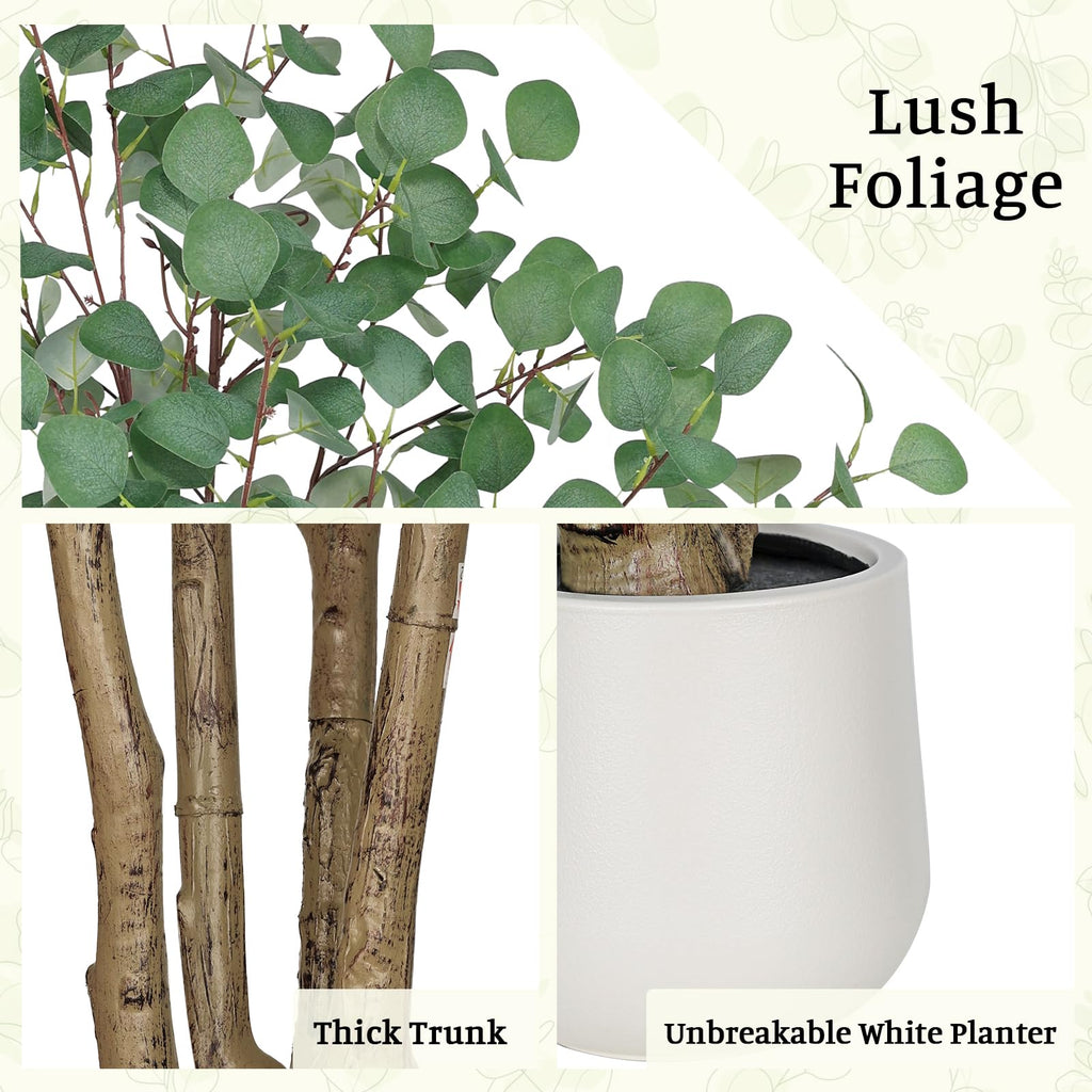 Artificial Eucalyptus Trees with White Planter, 8 FT Faux Eucalyptus Plants Indoor Tall Fake Floor Trees with Silk