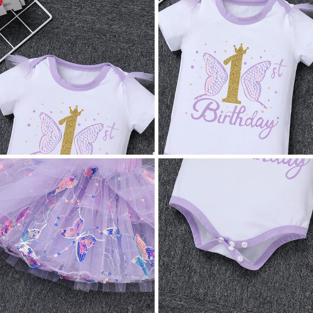 Baby Girl 1st Birthday Cake Smash Outfit Sequin Butterfly Romper Princess Tutu Dress Headband Photoshoot Clothes