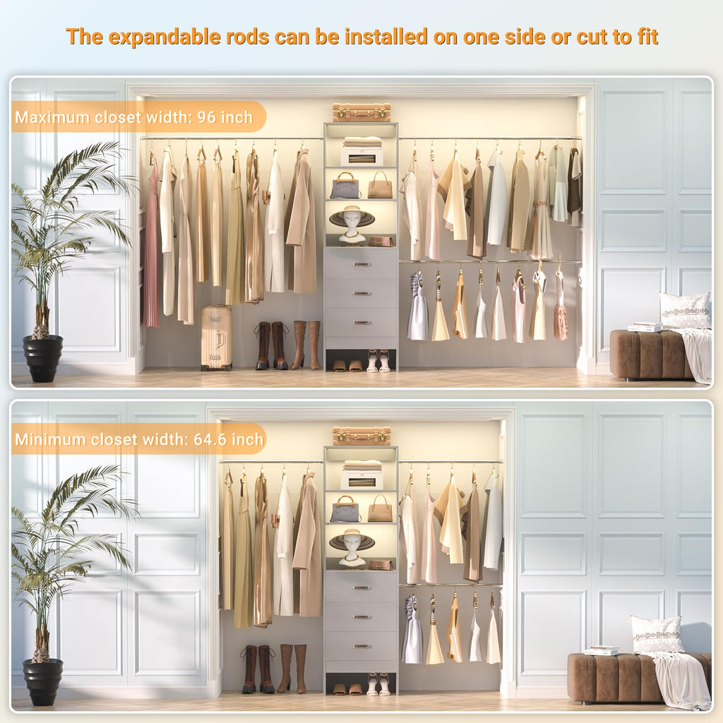 96'' Closet Organizer System with 3 Hanging Rods, 8FT Closet Organizers and Storage with 3 Wooden Drawers, Built in