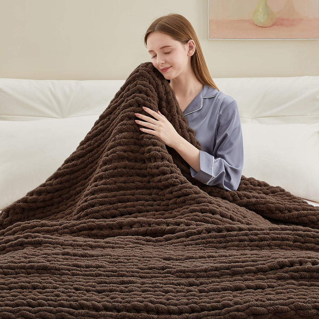 Chunky Knit Throw Blanket, Knitted Throw Chenille Yarn, 50"*60"