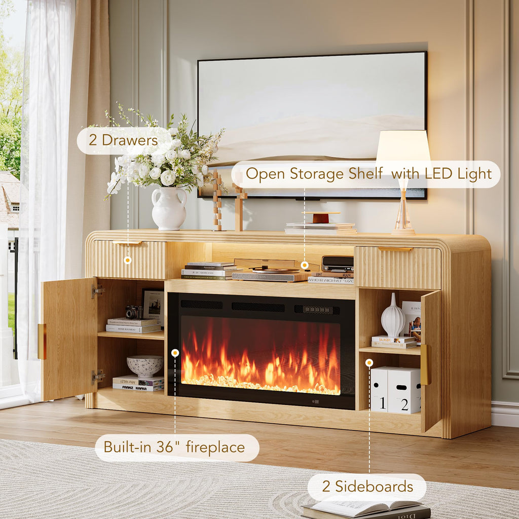 70" Fireplace TV Stand, Fluted Entertainment Center 36" Electric Fireplace for TVs Up to 80", Wood Media Console with