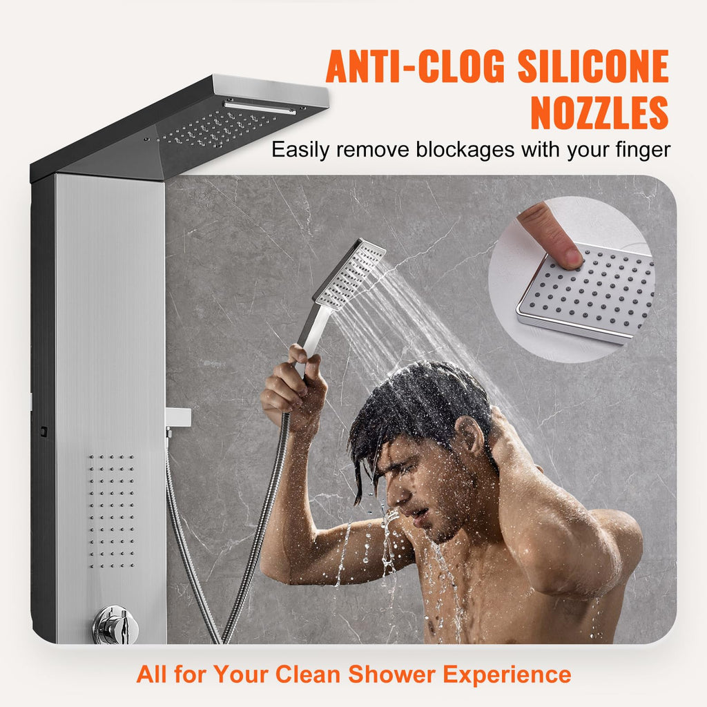 Shower Panel System, 5 Shower Modes, LED Shower Panel Tower, Rainfall, Waterfall, 2 Body Massage Jets, Tub Spout