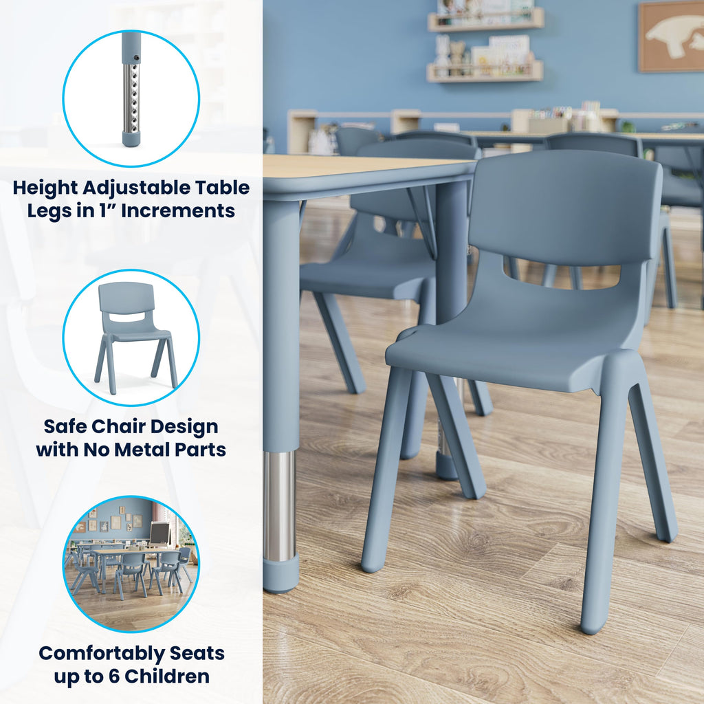 7-Piece Kids Activity Table and Chair Set, NAT/Dusty Blue