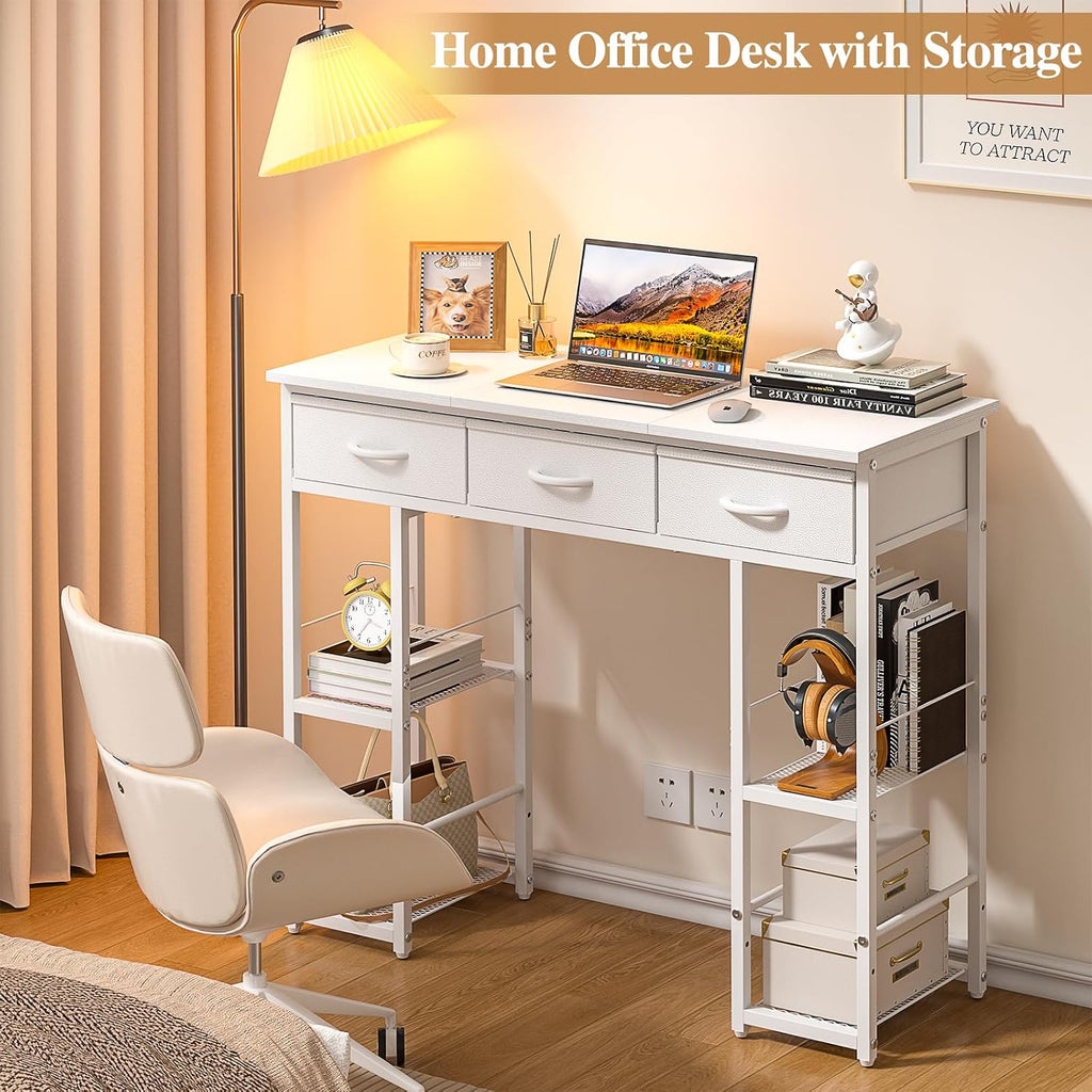 White Computer Desk with Drawers, 35.5 Inch Home Office Work Table with Bookshelf, Kids Teens Study Writing Table