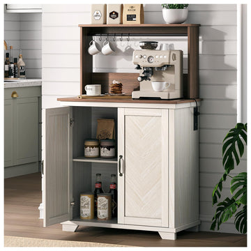 Farmhouse Coffee Bar Cabinet with Storage and Charging, White