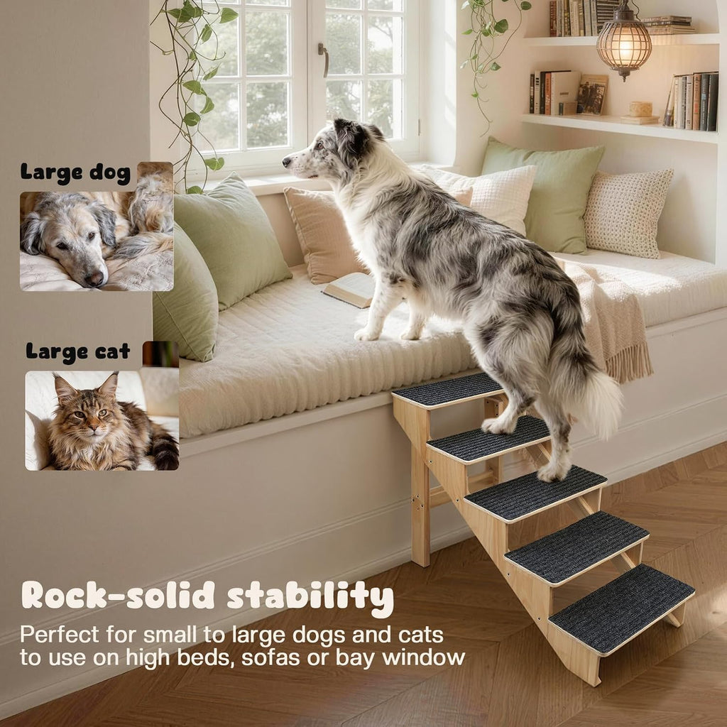 5-Step Dog Stairs for Large Dogs, Solid Wooden Dog Steps for Beds/Couch with Carpet, 24 Inches Anti-Slip Pet Stairs