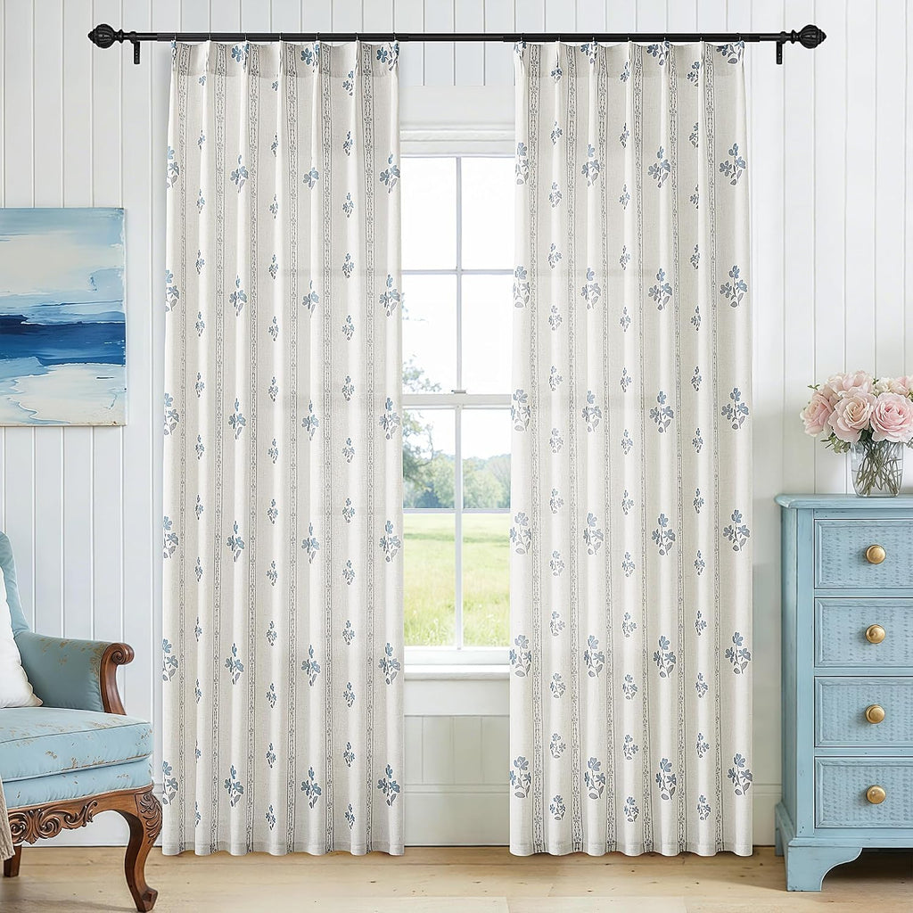 Blue Grey Pinch Pleated Floral Curtains 84 Inches Long for Living Dining Room Pinch Pleat Light Filtering Linen Semi