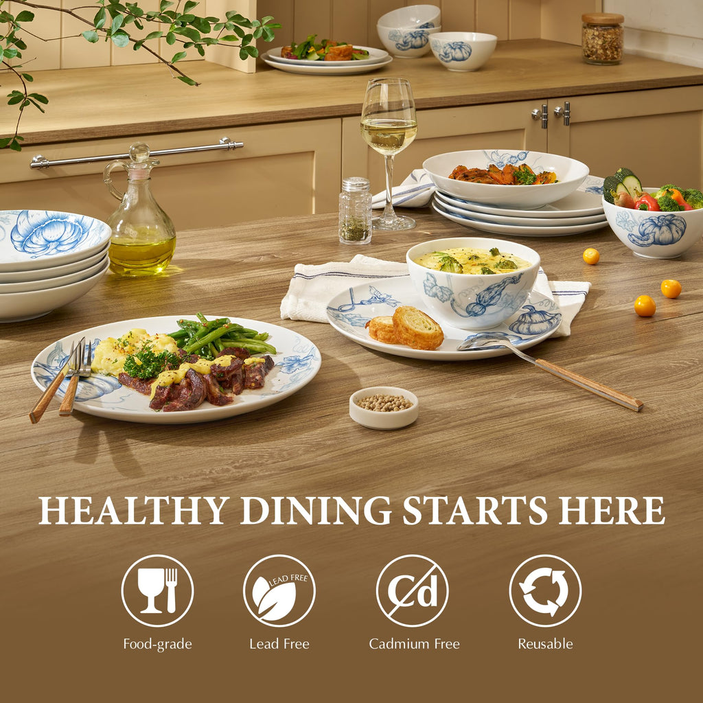 Long 12 Pcs Porcelain Thanksgiving Dinnerware Set, Pumpkins Harvest Plates and Bowls Set for 4, Fall Dishes Chip &