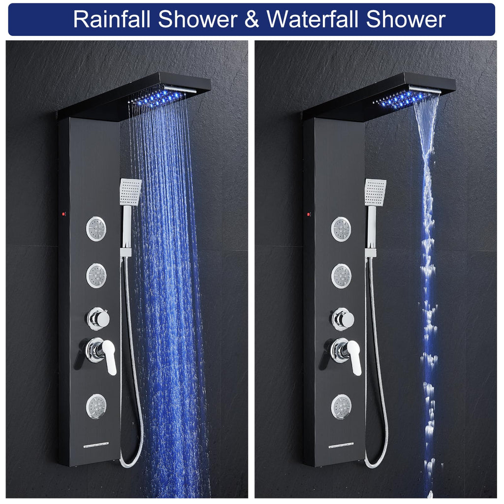 6 in 1 LED Rainfall Waterfall Shower Panel Tower System, Black