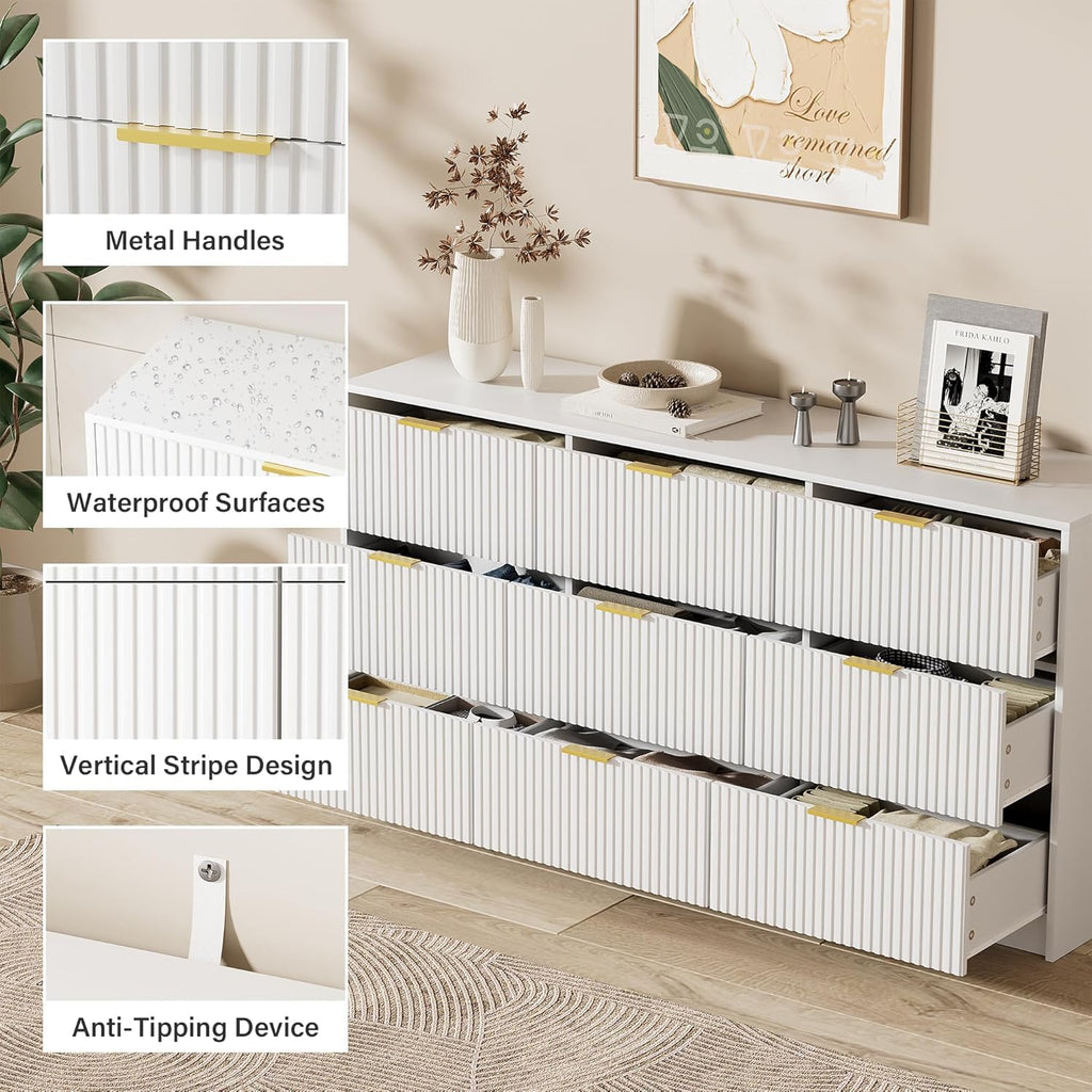 9 Drawer White, 63" Modern Fluted with Gold Handles and Smooth Slides, Wide Chest of Drawers for Closet, Living