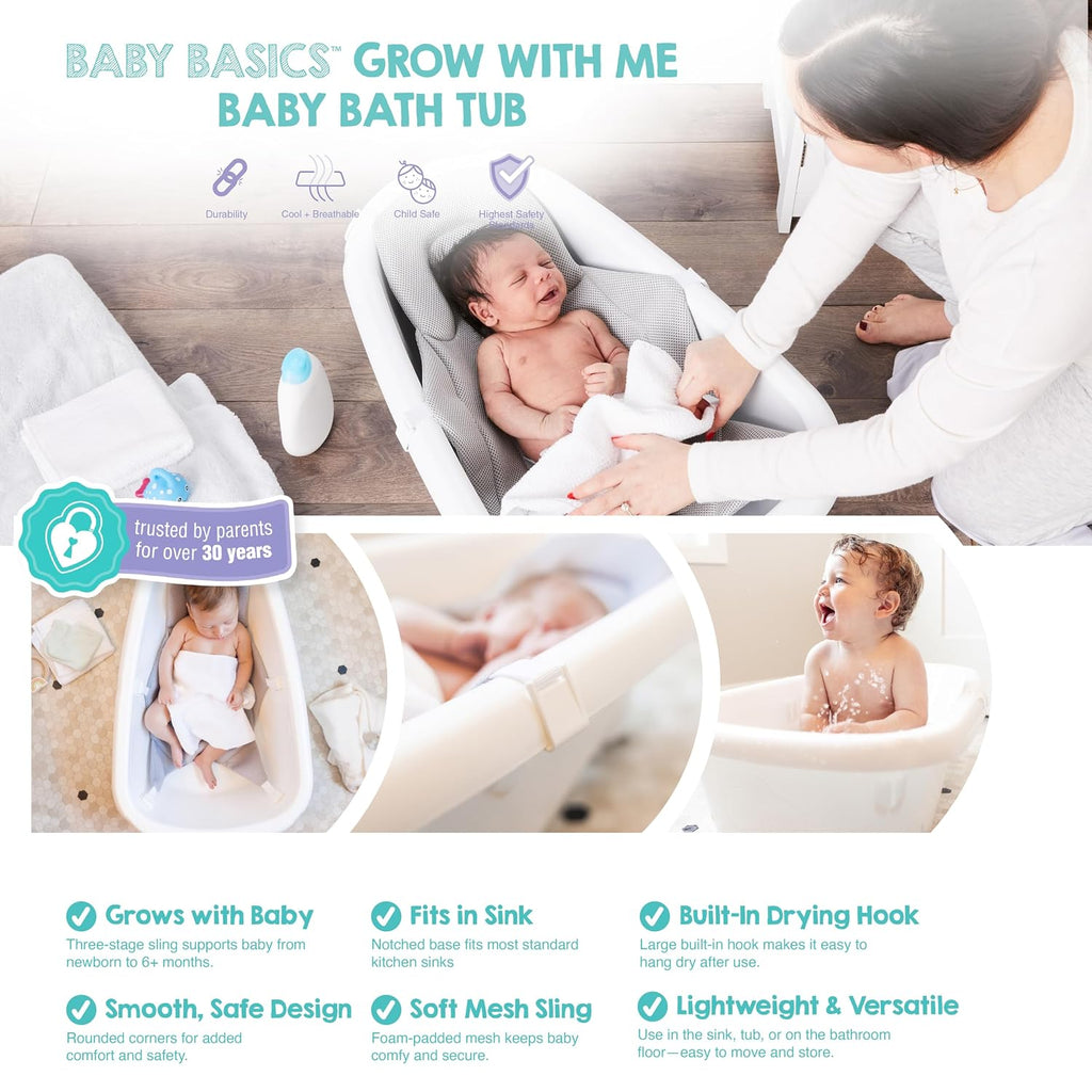Baby Basics in-1 Grow with Me Baby Bathtub with Foam Padded Air Mesh Sling, Adjustable Infant Bath Tub for Newborn