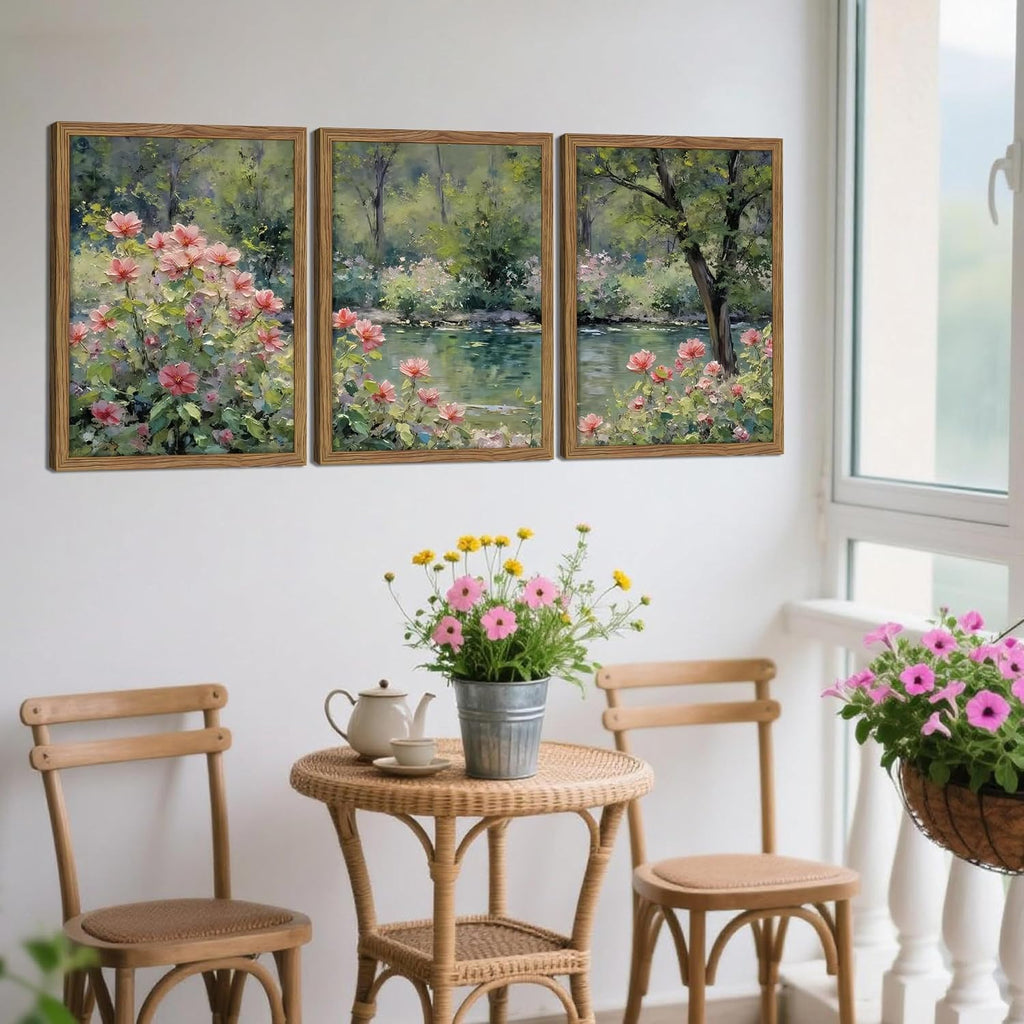 Framed Monet Wall Art Set of 3, Impressionist Botanical Floral Canvas Wall Decor, Vintage Cottagecore Artwork