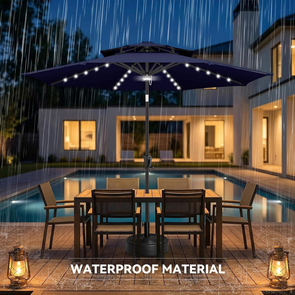 9ft Solar Umbrella Outdoor - 2 Tiers Lighted Solar Patio Umbrella with 40 LED Lights Waterproof UV Protection