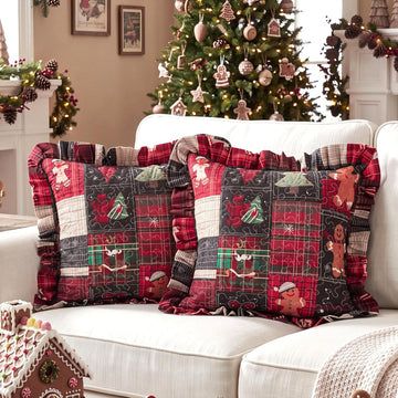 Christmas Gingerbread Man Quilted Pillow Covers 18 x 18 Inch - Set of 2