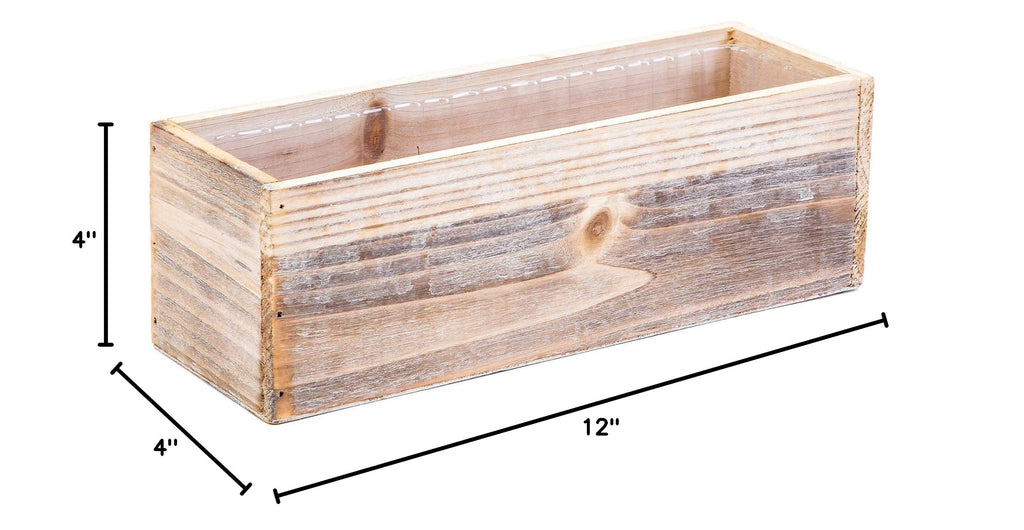 Wood Planter Box Set, Rustic Whitewash, Plastic Liner, 12x4 Inch Rectangular Flower Holder, Natural Wood Decor