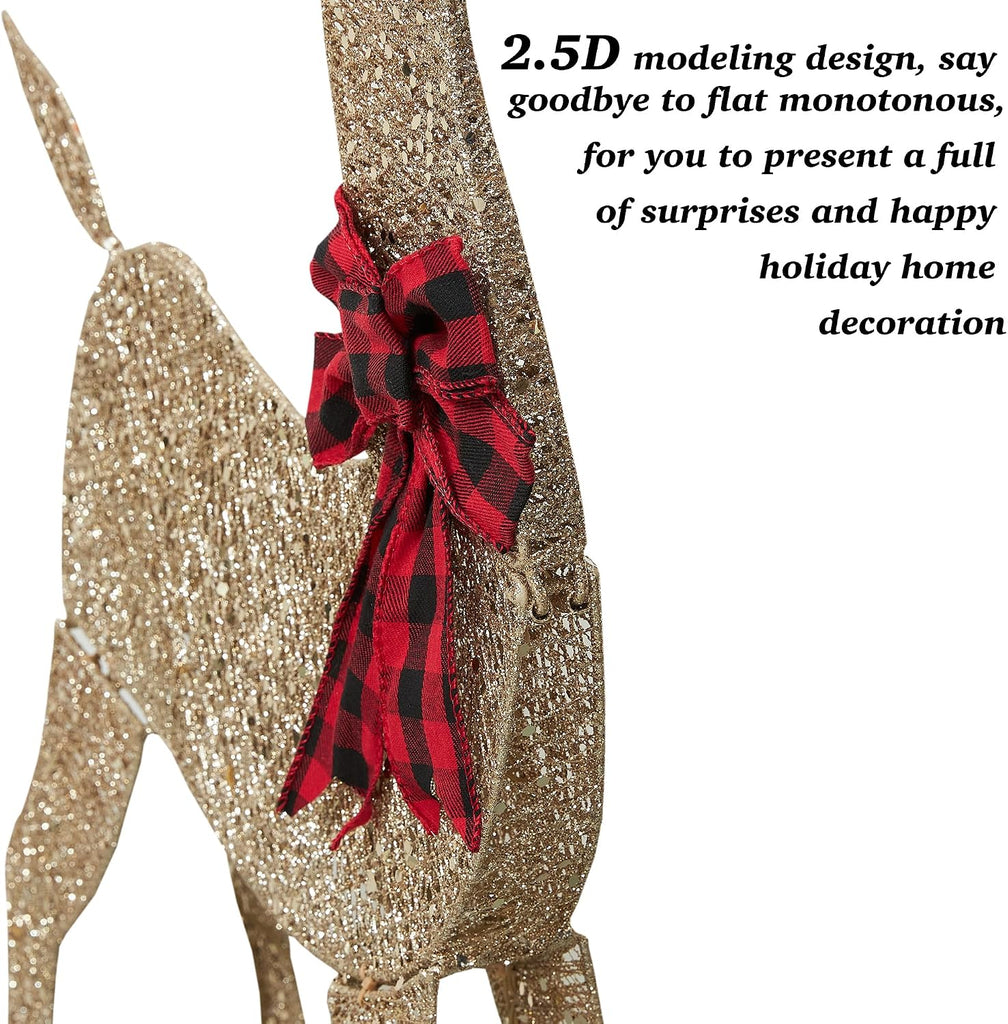 48 Inch 2.5D Gold Lighted Christmas Deer Decorations 3-Piece Outdoor Holiday Decorations Reindeer Set with 145 Warm