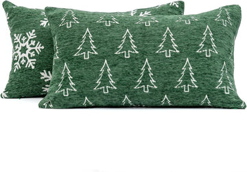 Soft Chenille Christmas Reversible Throw Pillow Covers 12x20, Holiday Double-Sided Snowflake & Tree Cushion - Set of 2