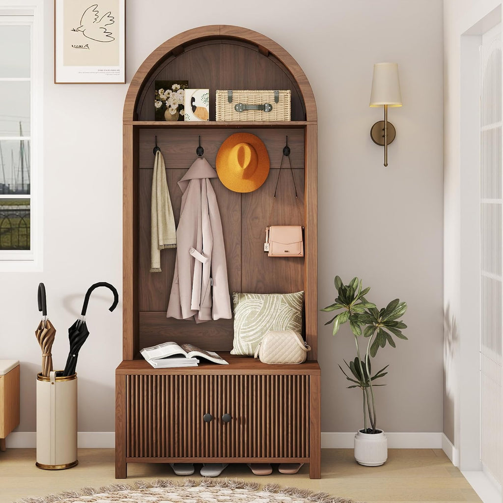 Hall Tree with Bench and Shoe Storage, Entryway Storage Bench with Coat Rack, 70.08" Tall Mudroom Rack with 4 Double