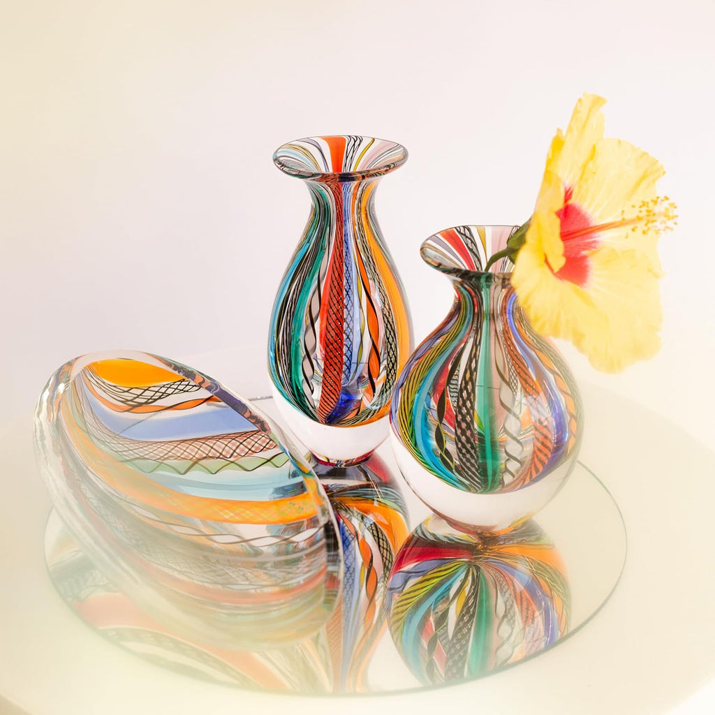 Murano Style Glass Vase Hand Blown Colored Canes Boho Effect Home Decor