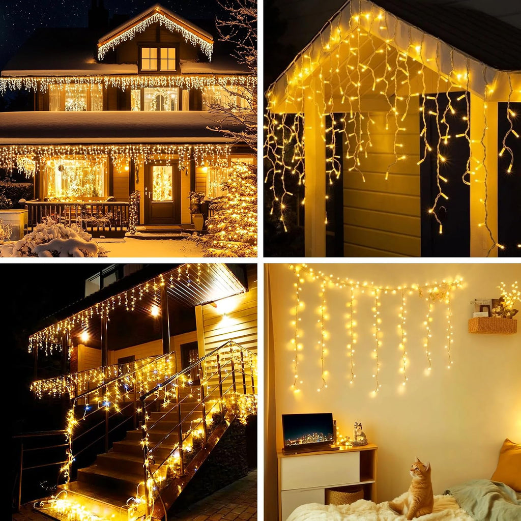 Icicle LED Christmas Lights Outdoor , 520 LED 49.2FT 8 Modes with 80 Drops Warm White Icicle Lights,Remote Control