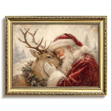 Christmas Wall Art, Vintage Christmas Wall Decor, Gold Framed Santa Claus Hugging Reindeer Canvas Print, Snowy Winter