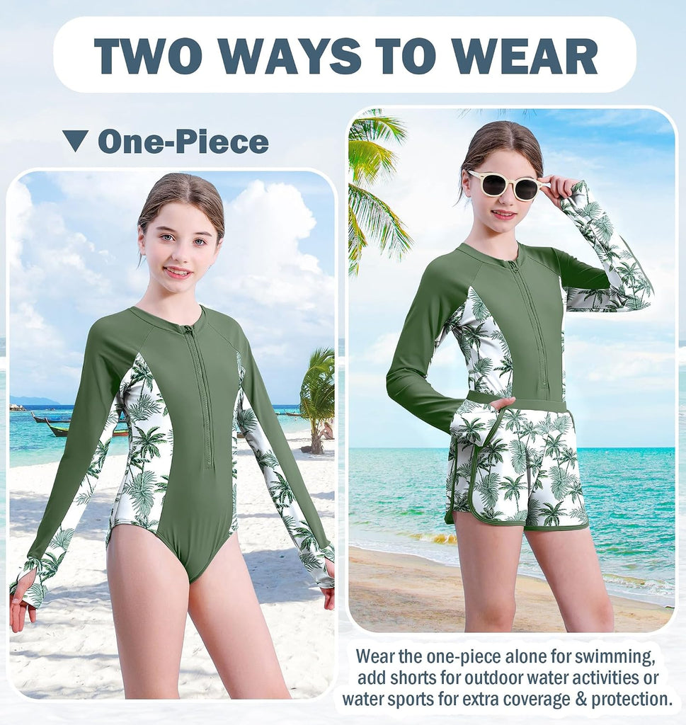 Girls Rash Guard Swimsuit 2 Piece Long Sleeve One Piece Bathing Suits with Swim Shorts Kids UPF 50+ Swimwear Sets