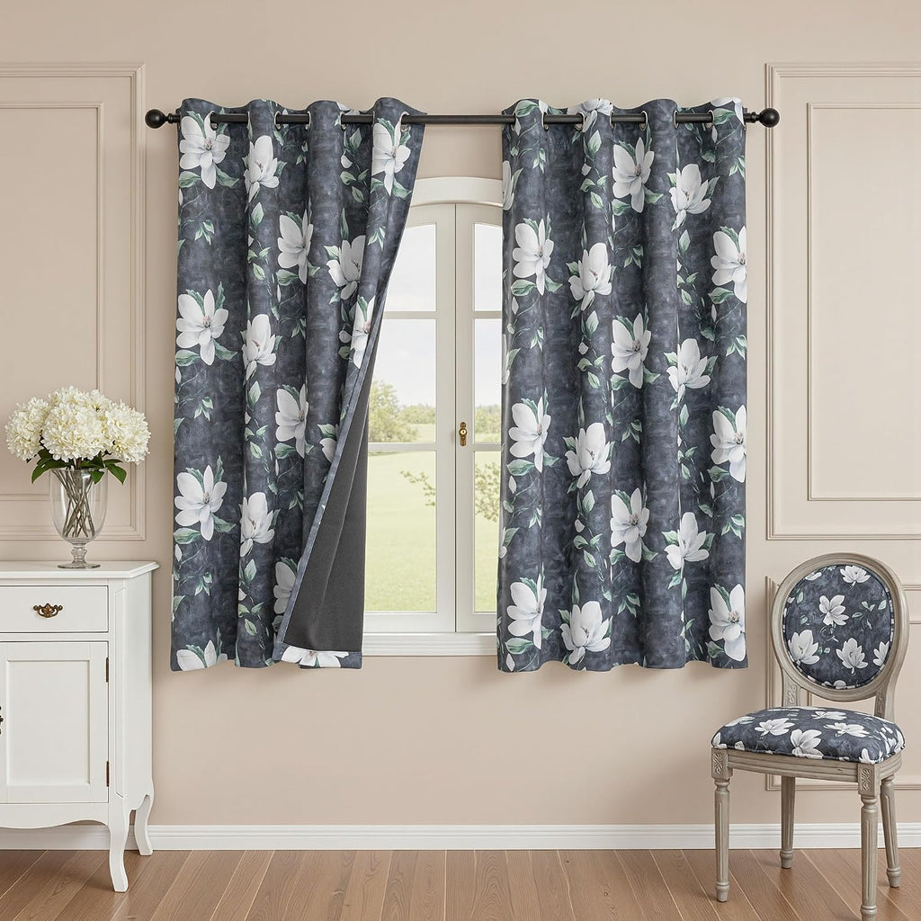 Floral 95% Blackout Curtains 2 Panels Light Grey