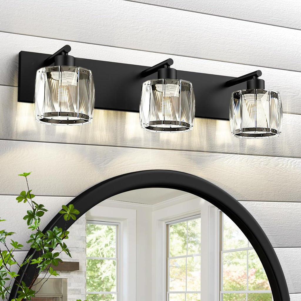 Crystal Vanity Lights s, 3 Light Bathroom Vanity Light, Modern Matte Black Bathroom Light Over Mirror, Black