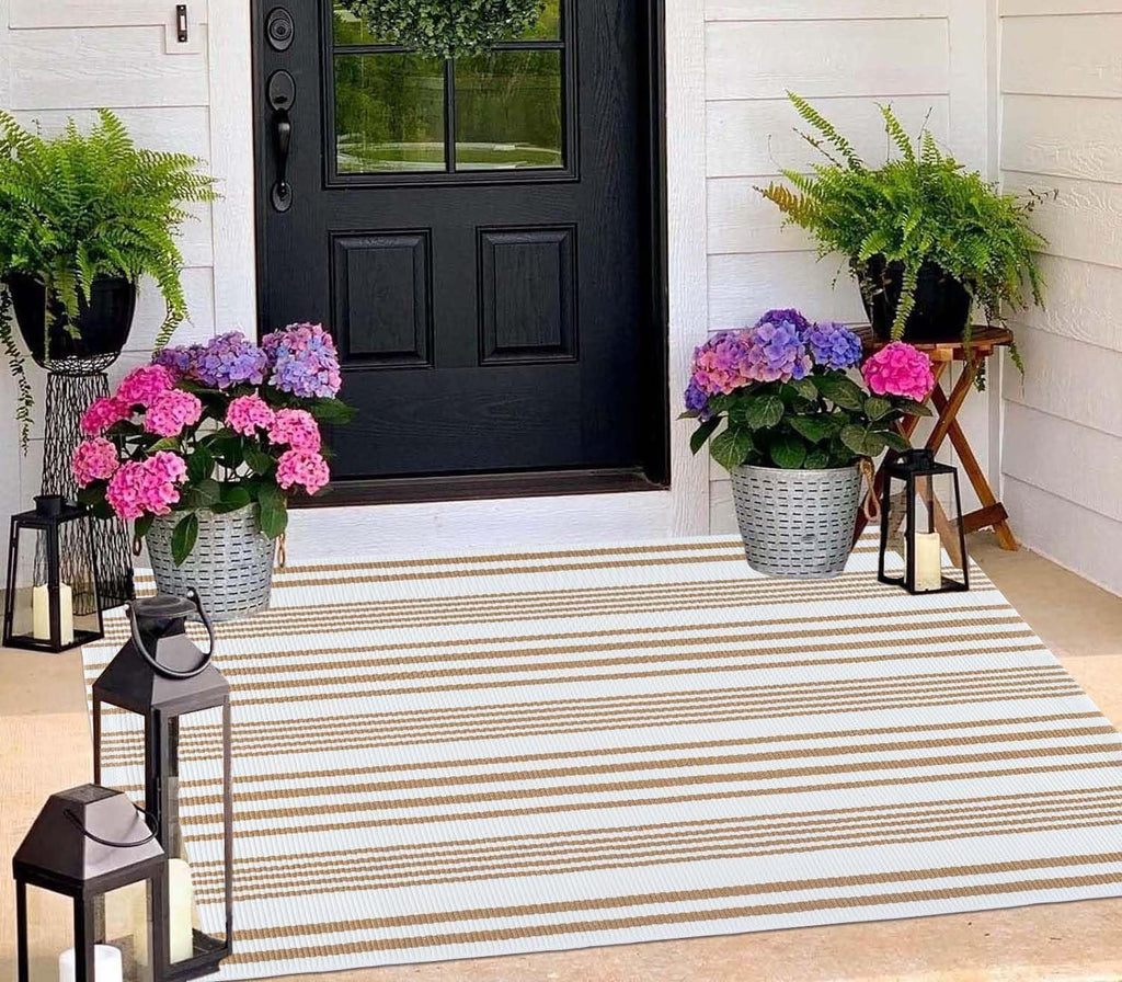 3'x 5'Outdoor Rug, Khaki White Striped Front Porch Mat Indoor Area Rug