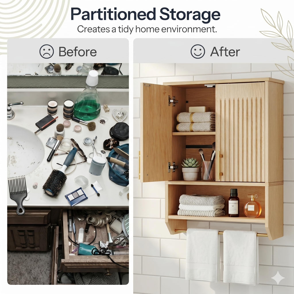 Narrow Bathroom Wall Cabinet with Towel Rack, Space Saving Medicine Cabinet for Small Spaces, Farmhouse Fluted Wall