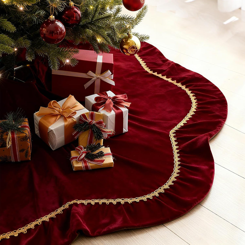 Christmas Tree Skirt 60 Inch Red Velvet Fur Scallop Tree Skirt Sparking Gold Lace Trim for Party Rustic Xmas Holiday