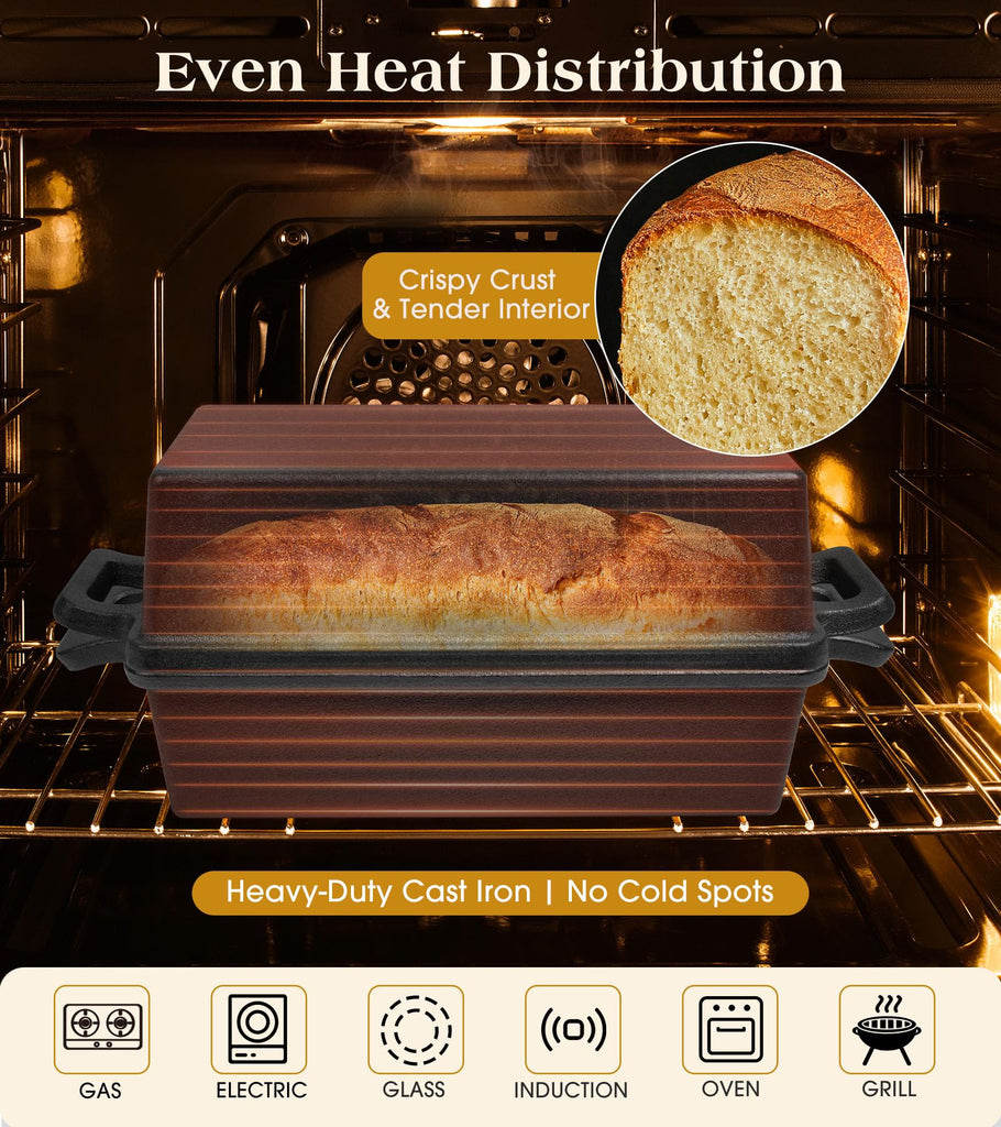 Cast Iron Loaf Pan With Lid, 9×5 in - 2‐in‐1 Heavy‐Duty & Oven‐Safe Loaf Pan for Sourdough & Homemade Bread
