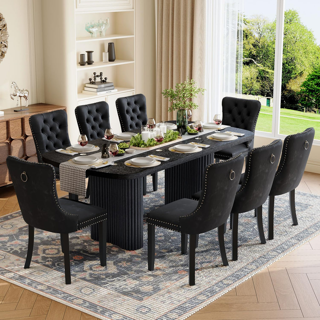 Dining Table Set for 8, 79'' Large Modern Rectangular Dining Room Table with 8 Velvet Chairs, Black Wood Finish