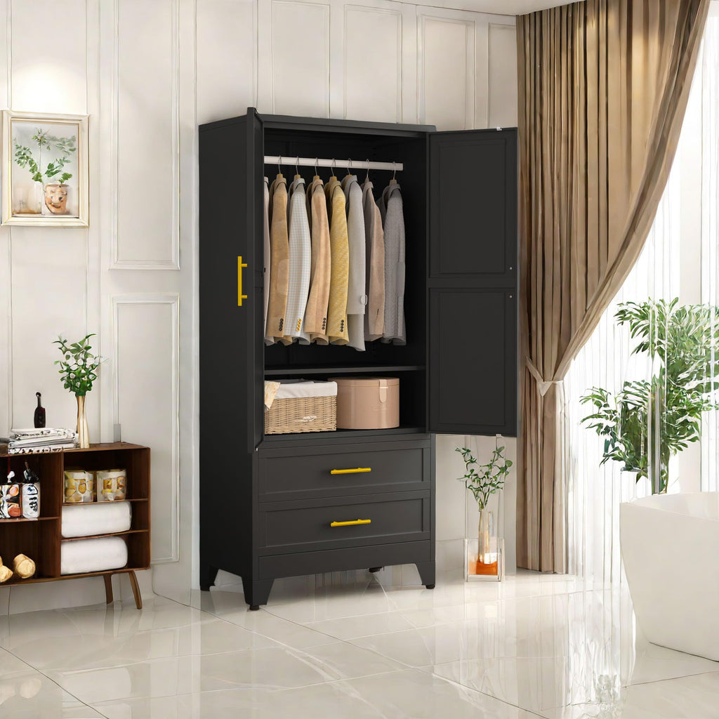 71" Metal Armoire Wardrobe Closet, Tall Clothing Storage Cabinet, Black