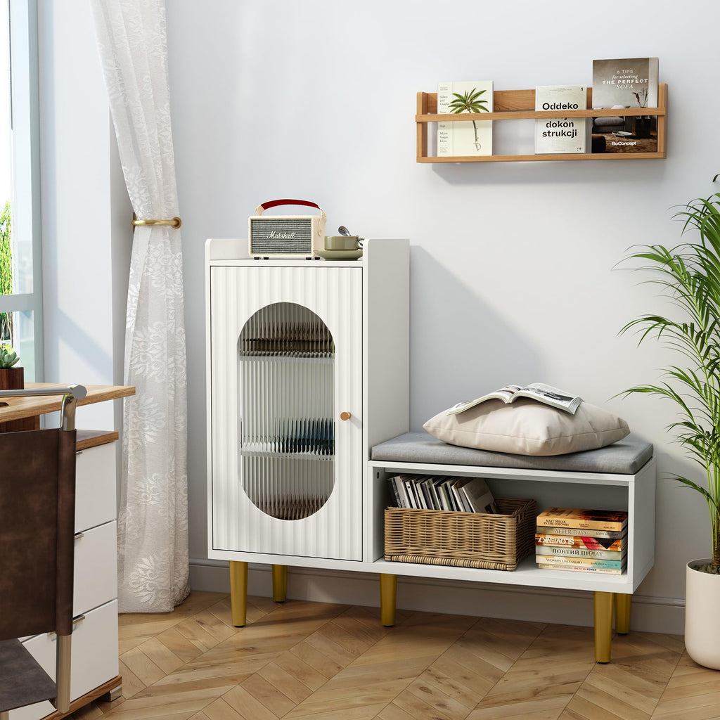 Shoe Storage Bench with Glass Door&Shelf, L-Shaped Shoe Cabinet, White