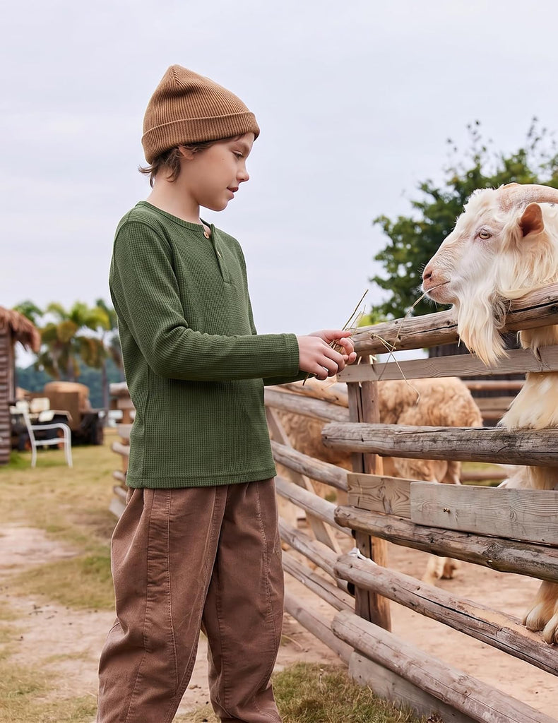 Boys Long Sleeve Thermal Shirts Waffle Henley Tops
