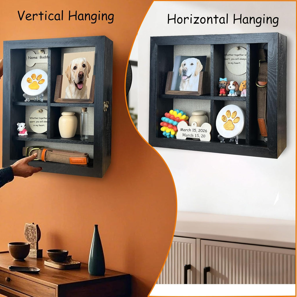 Solid Wood 11x14 Pet Memorial Shadow Box Frame with Adjustable Shelves Paw Print Kit Pet Urn Ashes Display Case Black