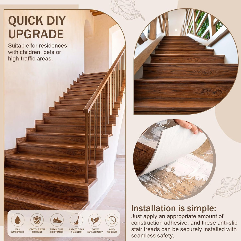 2 Set 4 Pcs Vinyl Stair Tread & Riser Kit, Waterproof Scratch Resistant | 48" x 11.8" Stair Treads with 48" x 7.5"